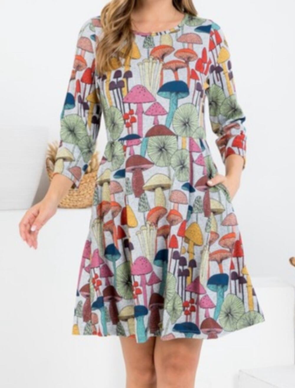 LA Soul Mushroom Print Dress Soft Gray Fabric All Over Print Pockets XL